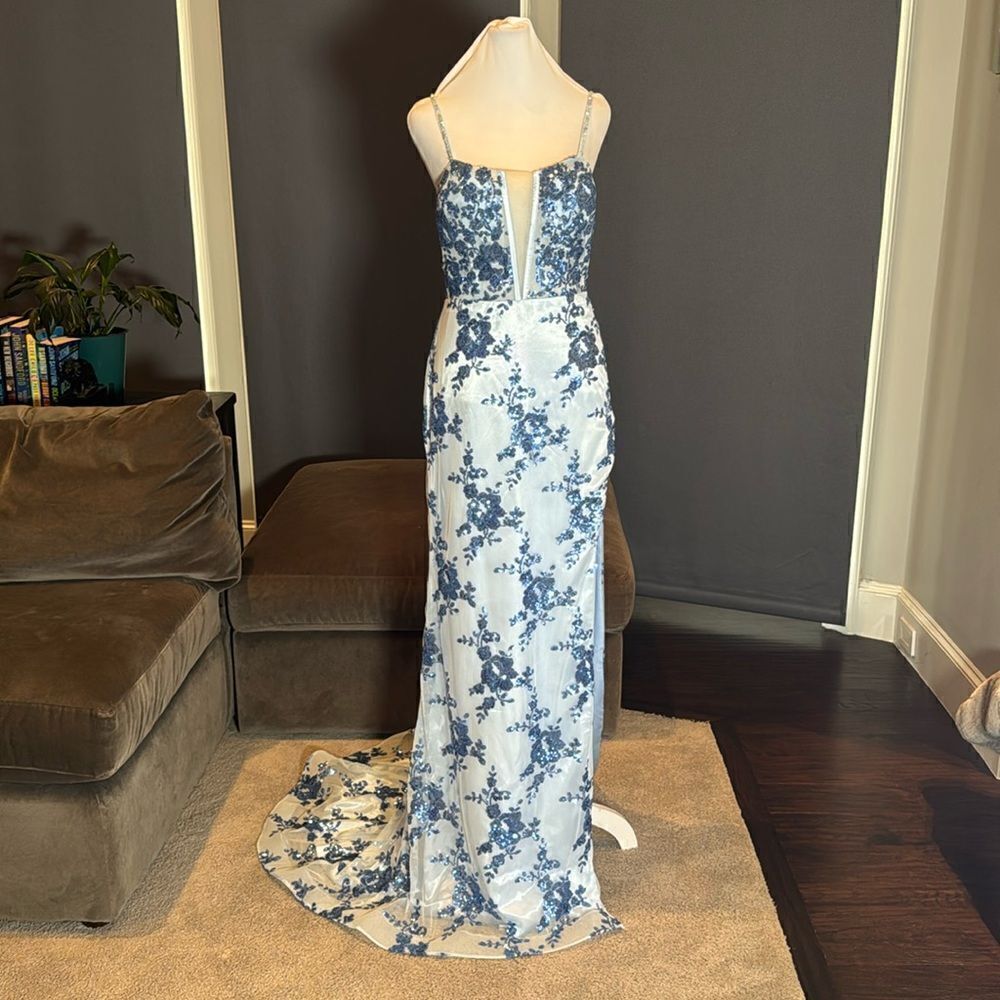 Women’s Blue Mermaid Fit Dress Sparkly Sequins LaceUp Back Leg Slit Size 4 *READ